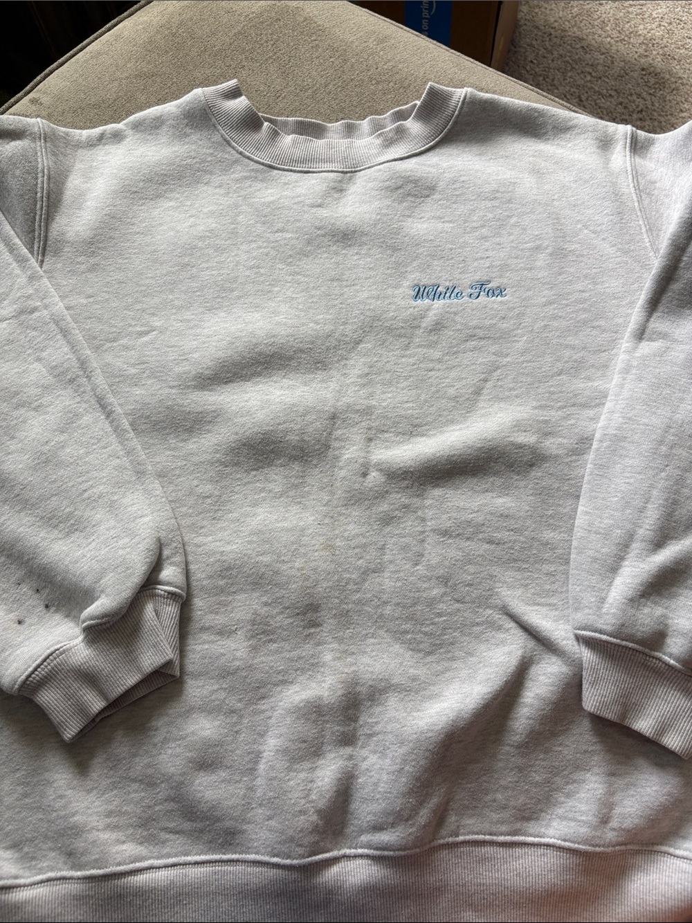 White Fox Boutique Light Gray Crewneck Sweatshirt with Blue Logo